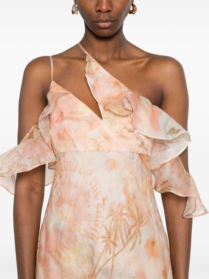 Zimmermann Floral Print Midi Dress With Ruffled Sleeves In Neutral