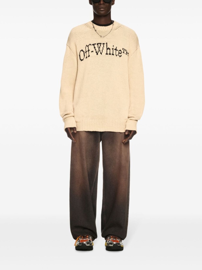 Off-white Relaxed Fit Beige Sweater With Ribbed Neckline In Brown