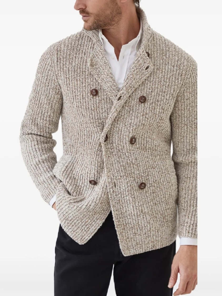 Brunello Cucinelli Textured Knit Double-breasted Jacket With High Collar In Neutral