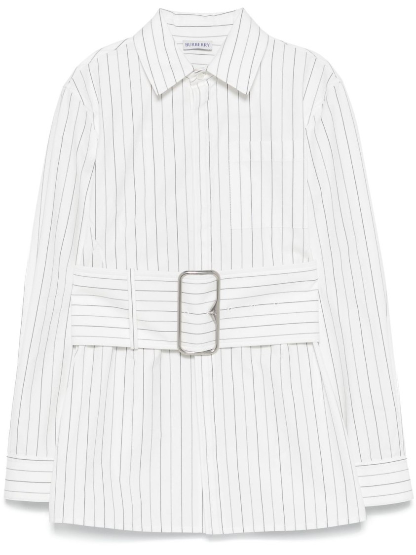 Burberry Vertical Striped Shirt With Belted Waist In White