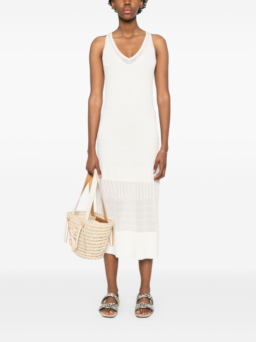 Shop Hugo Boss Boss Orange Light Beige V-neck Midi Dress With Intricate Knit Detail