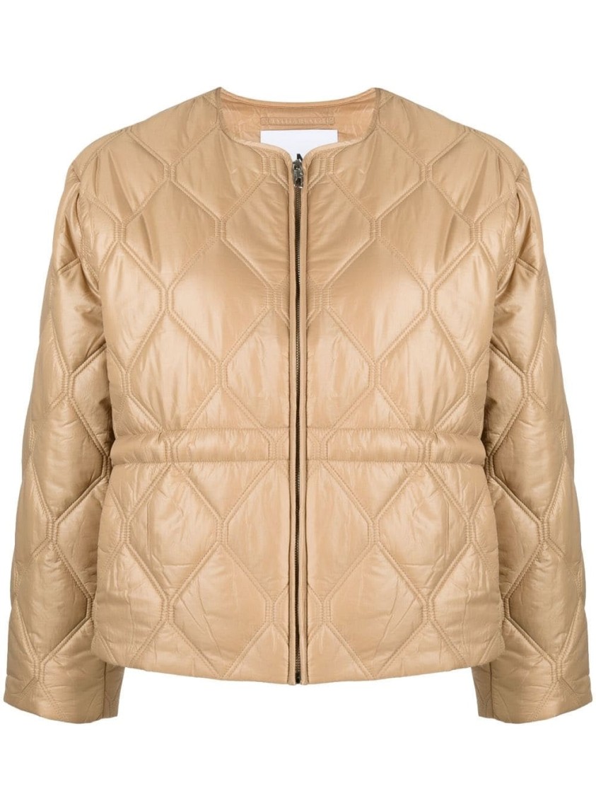 Ganni Shiny Quilted Puffer Jacket With Diamond Pattern In Gold