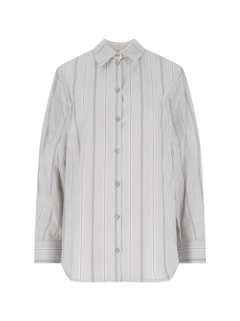 Low Classic Striped Collared Neck Long Sleeves Top In Grey