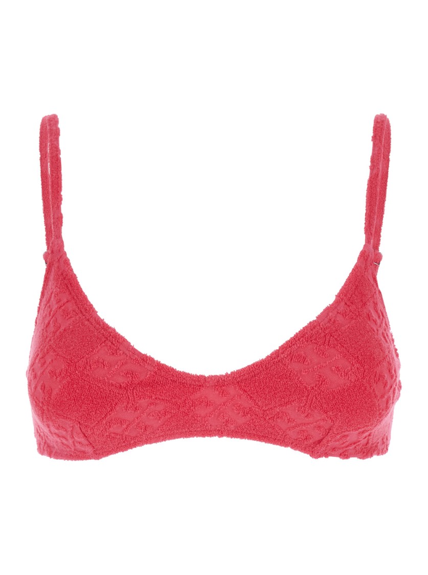 Tory Burch Terry Pink Bikini Top With Adjustable Spaghetti Straps And All-over Logo Embroidery In Cotton Blend In Red