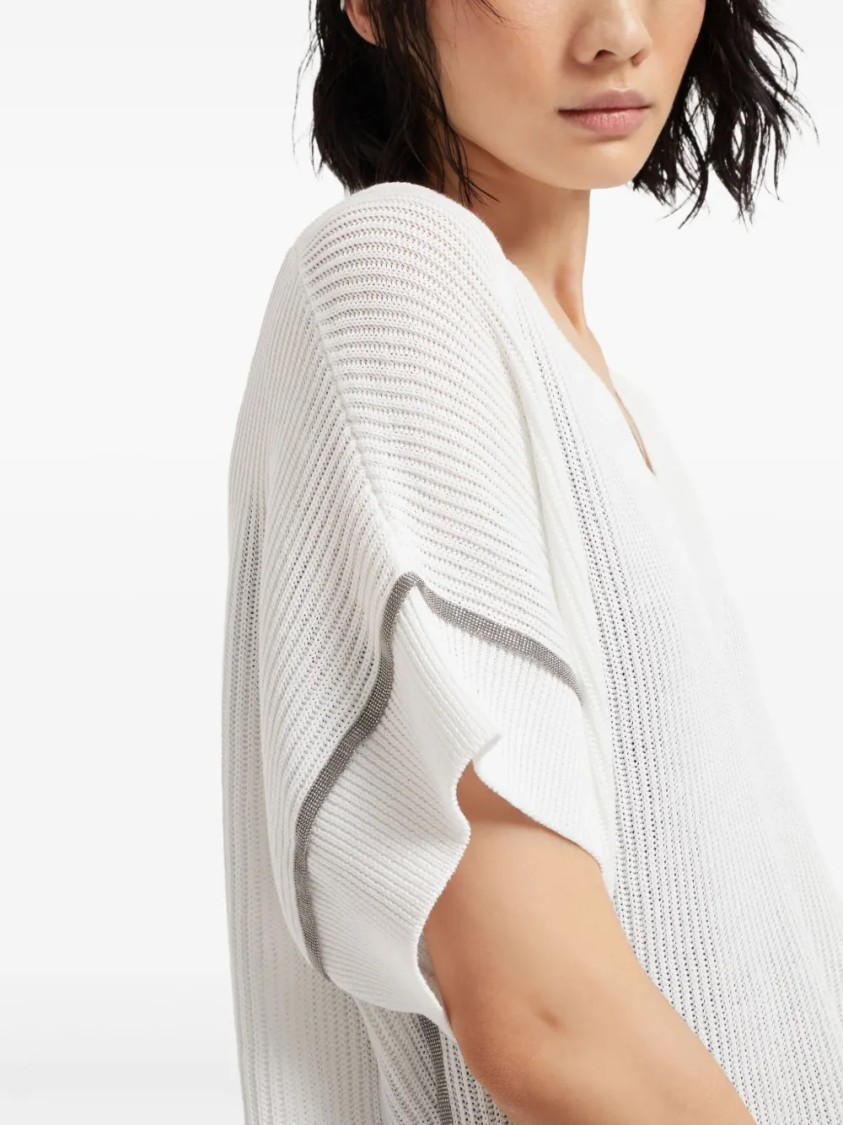 Brunello Cucinelli Textured Ribbed Top With Deep V-neckline In White