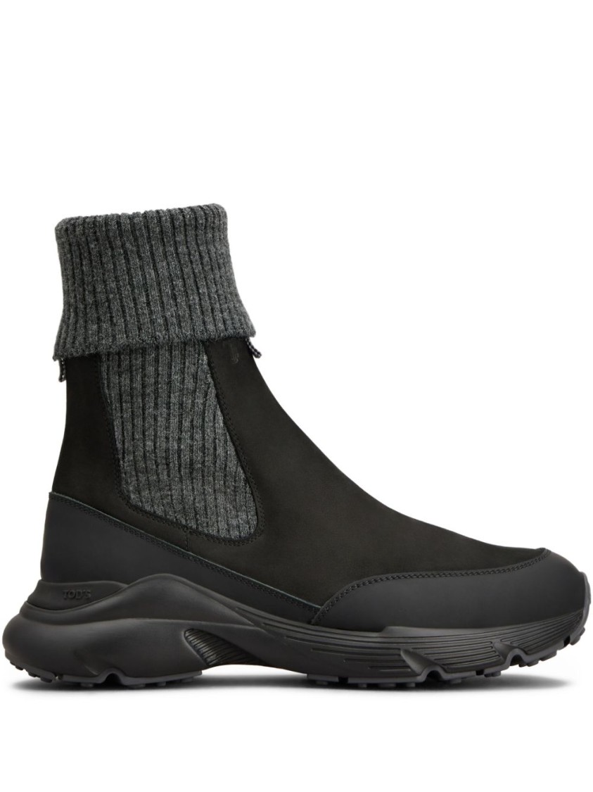 Tod's High Knitted Cuff Sneakers With Textured Upper And Chunky Sole In Black