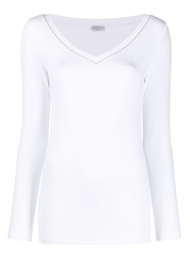 Brunello Cucinelli White V-neck Pullover With Beads Detailing In Stretch Cotton Woman Brunello Cucin In White