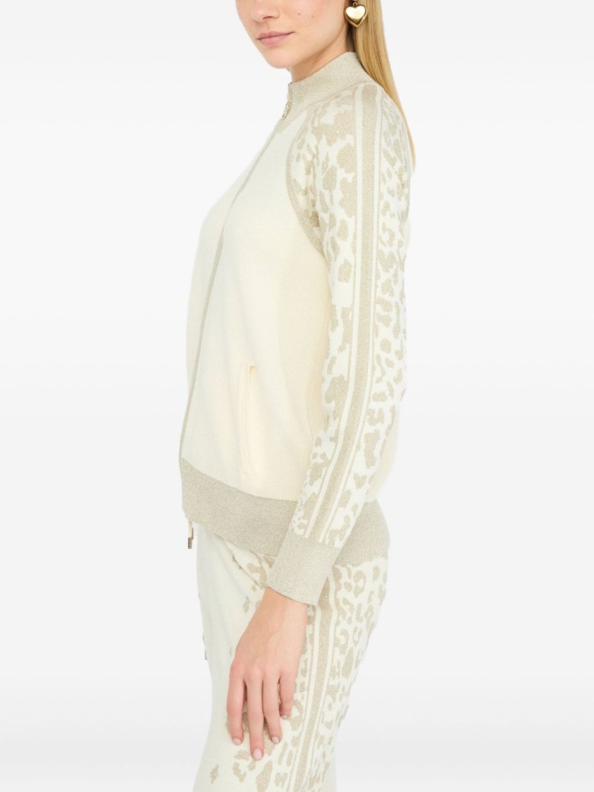 Liu •jo Liu Jo High Collar Zip-up Sweater With Subtle Leopard Print Detail In White