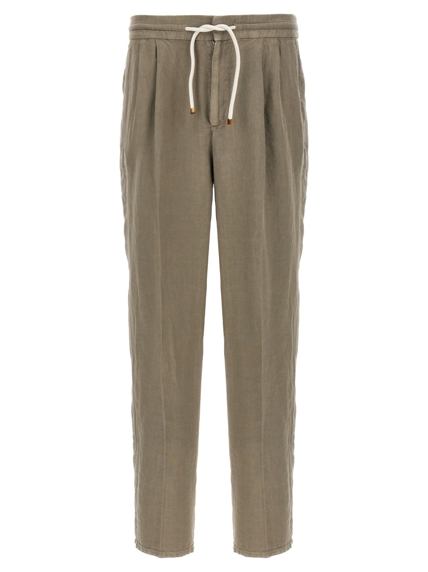 Brunello Cucinelli Garment-dyed Linen Trousers With Adjustable Waist In Green