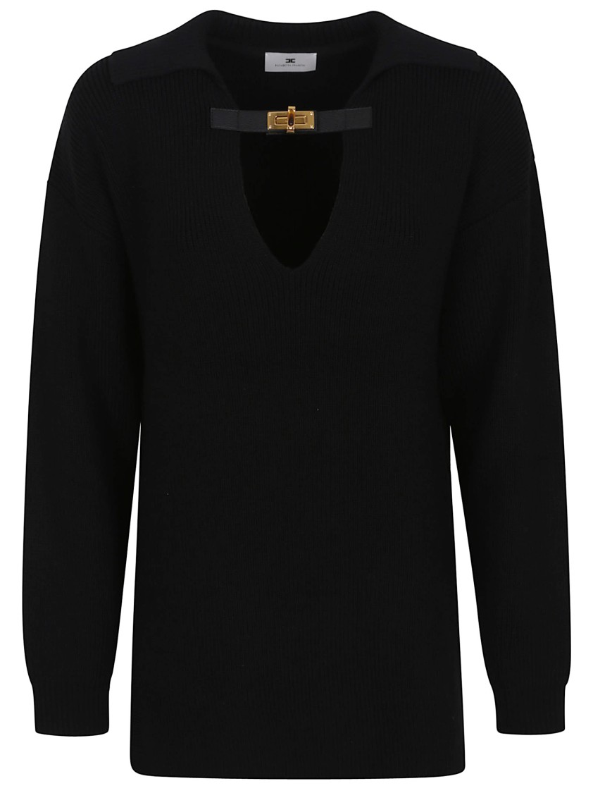 Elisabetta Franchi Wool Blend Sweater With Wide V-neck And Amber Detail In Black