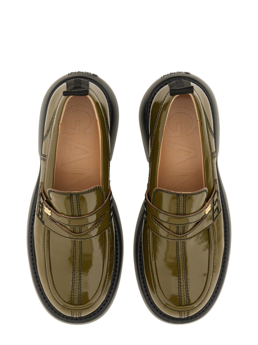 Ganni Logo Loafer Chunky Sole Glossy Finish In Green