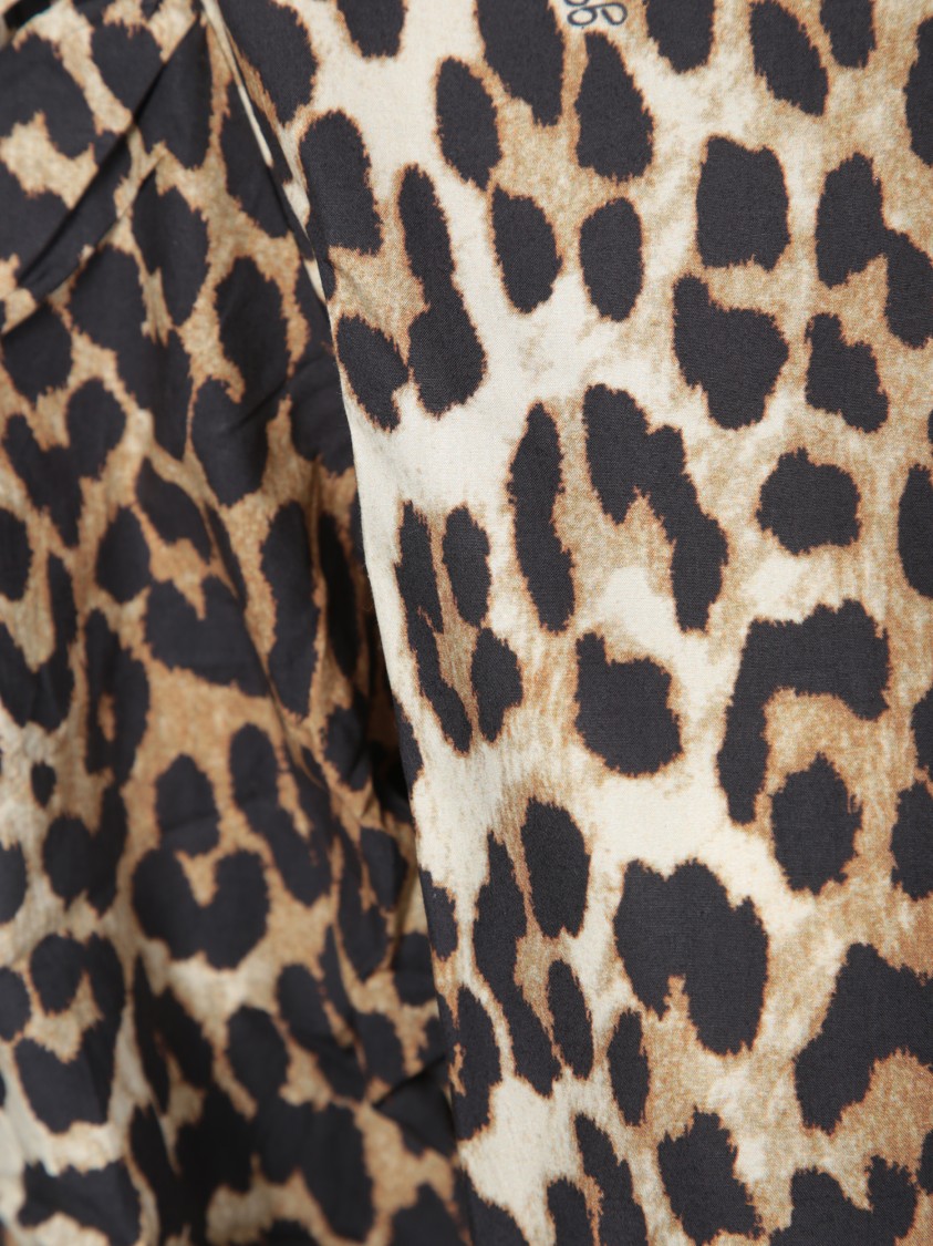 Ganni Multicolor Blouse With Front Tie Closure And All-over Leopard Motif In Cotton Woman In Brown