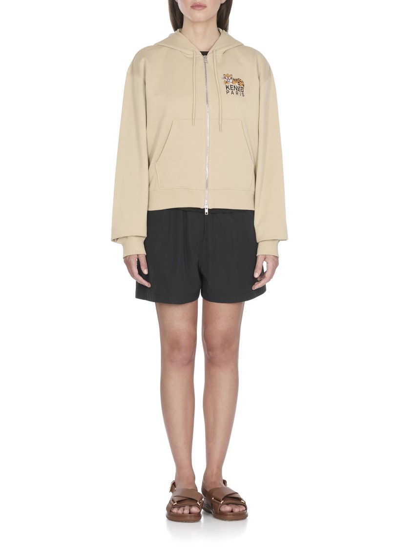 Kenzo Tiger Logo Hooded Cotton Sweatshirt In Neutral