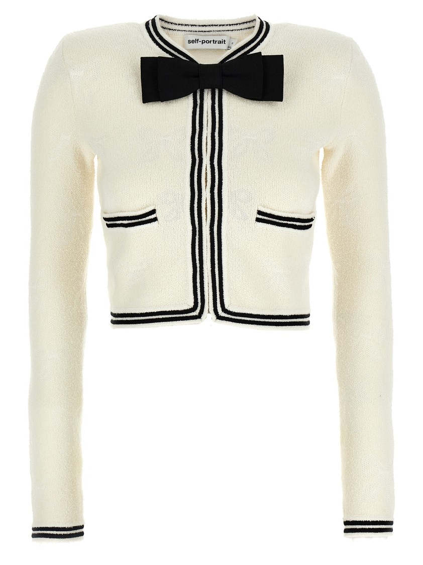 Self-portrait Beige Cardigan With Bow Detail On The Front And Contrasting Trims In Cotton Blend Woman In Neutral