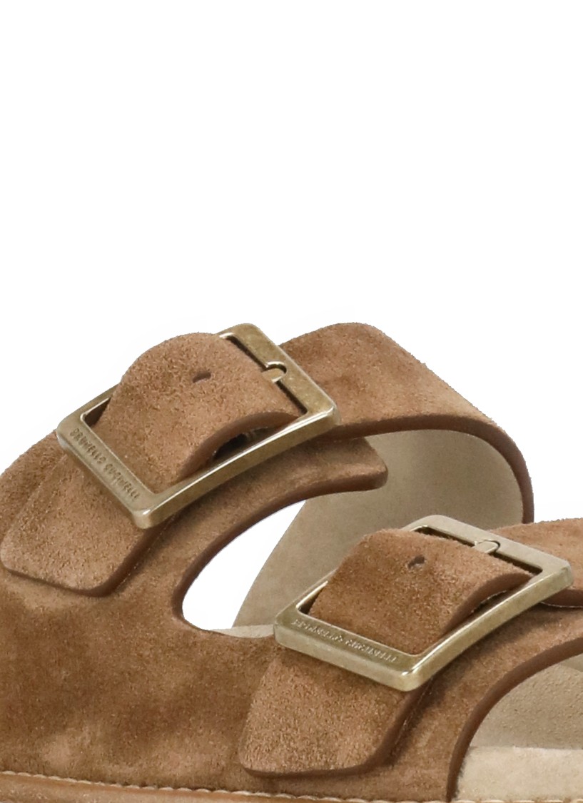 Brunello Cucinelli Men's Beige Suede Leather Sandals With Decorative Buckle Detail