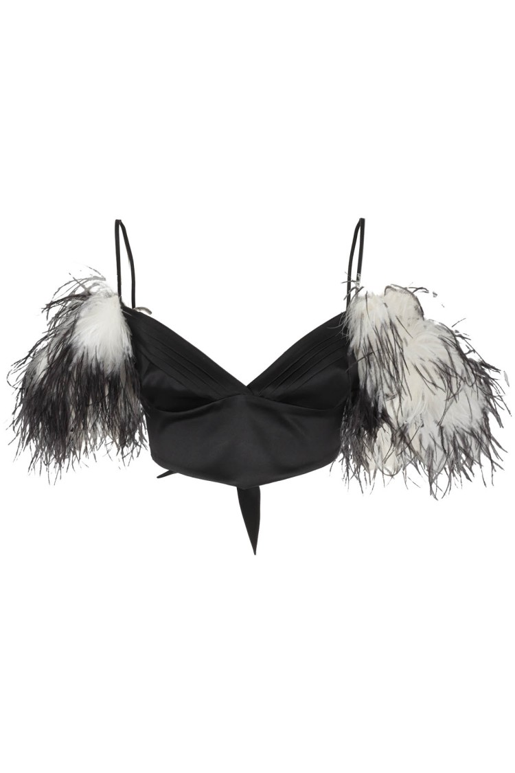 Verguenza Clio Black Silk Top With Feather Detailing In Black