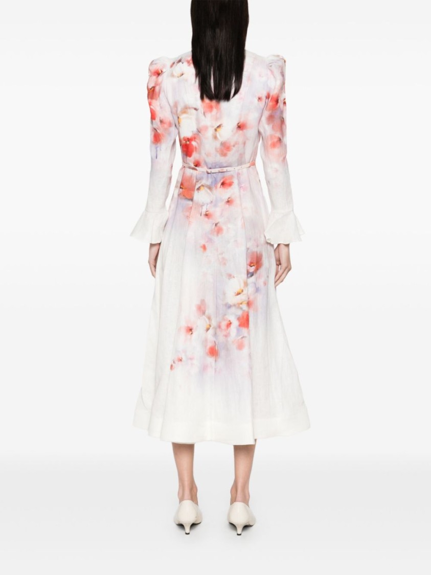 Shop Zimmermann Midi Dress With Deep V-neckline And Flared Cuffs In Neutrals