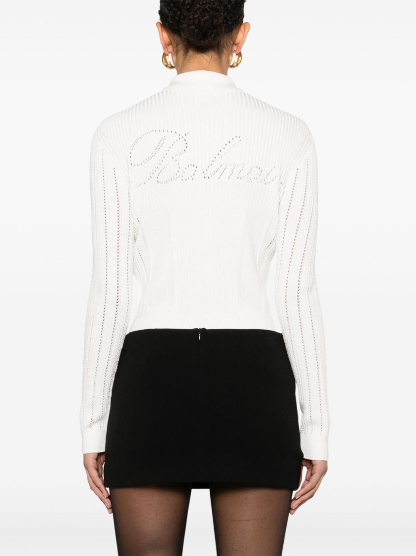 Balmain Perforated Knit Cardigan With Embossed Logo Buttons In Multi