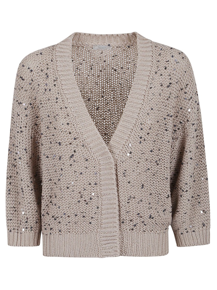 Peserico Cotton Cardigan With Sequined Detailing And V-neckline In Neutral