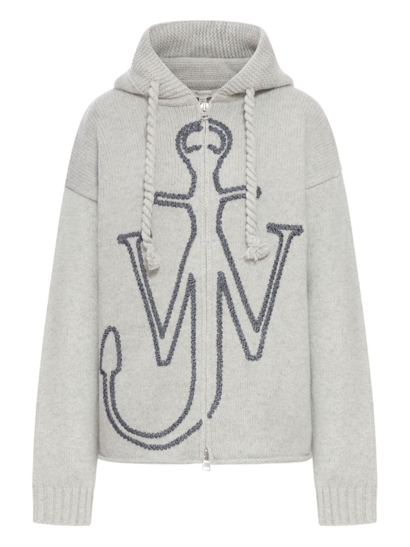 Jw Anderson J. W. Anderson Hooded Grey Wool Sweater With Anchor Embroidery In Gray
