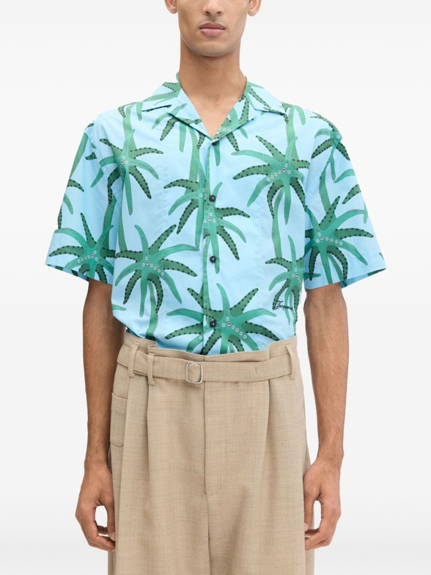 Shop Jacquemus Celeste Short-sleeved Shirt With Palm Print In Blue