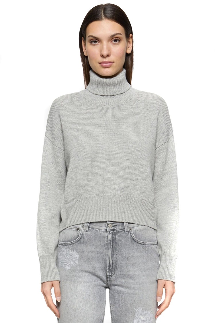 Dondup Cropped Grey Wool Sweater With High Neck In Gray