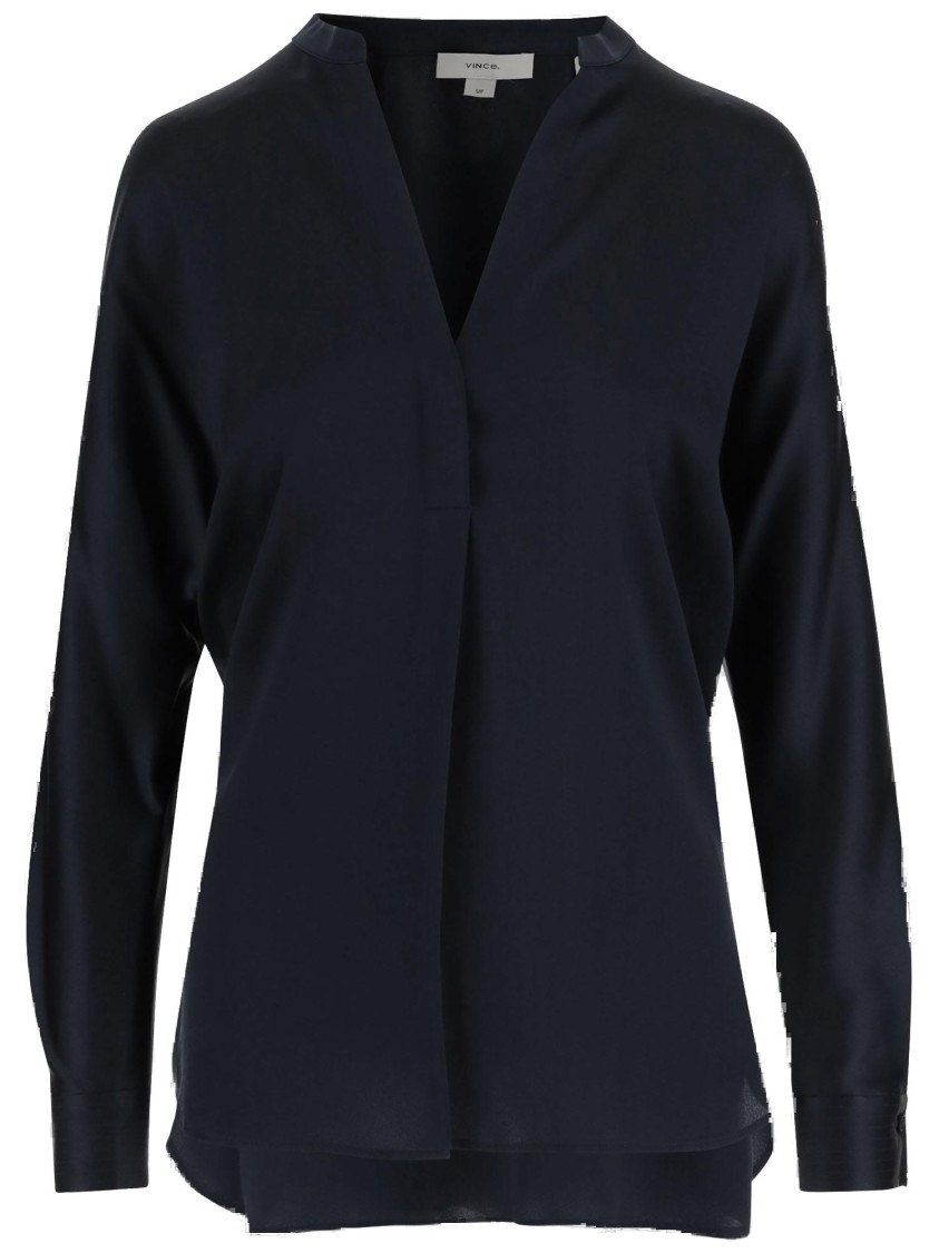 Vince Silk Satin Blouse With V-neck And Asymmetrical Hem In Blue