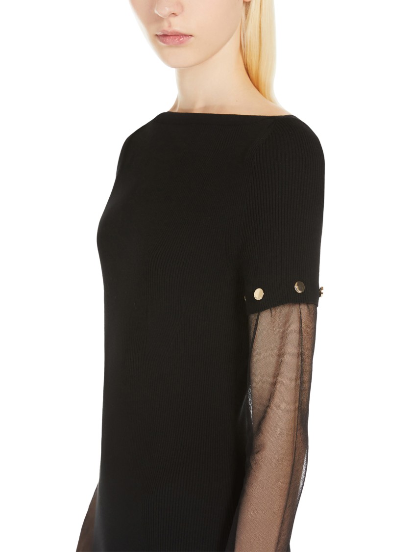 Max Mara Fitted Black Midi Dress With Sheer Sleeves And Decorative Buttons In Black