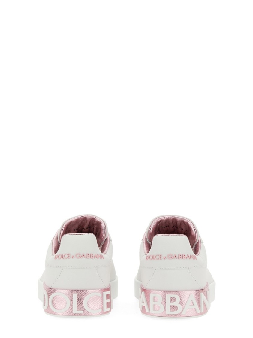 Dolce & Gabbana Portofino White And Pink Low Top Sneakers With Logo In Leather Woman In White