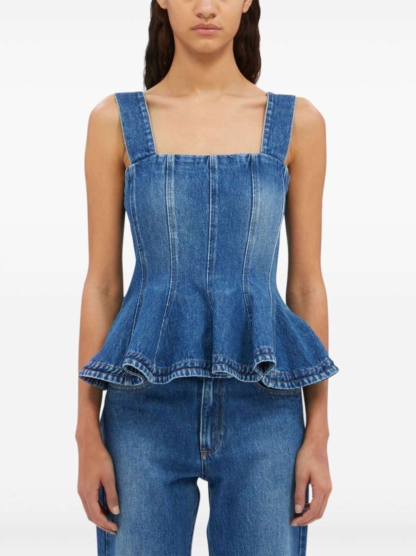 Msgm Denim Peplum Ruffle Sleeveless Square Wide Top