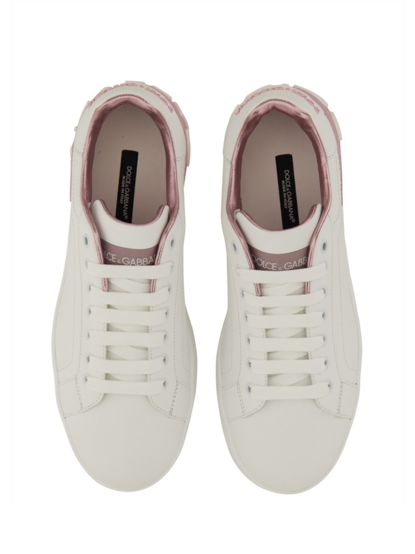 Dolce & Gabbana Portofino White And Pink Low Top Sneakers With Logo In Leather Woman In White