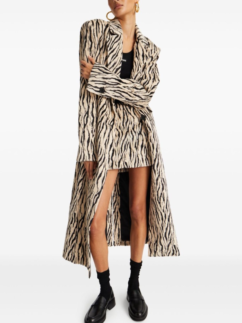 Rotate Birger Christensen Rotate Zebra Print Long Coat With Double-breasted Design And Large Lapels In Neutral