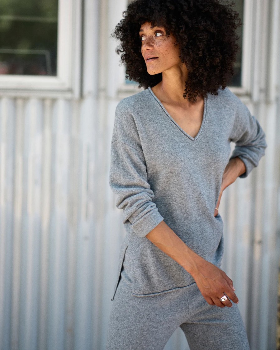 Outerknown Relaxed V-neck Sweater With Drop Shoulders In Gray