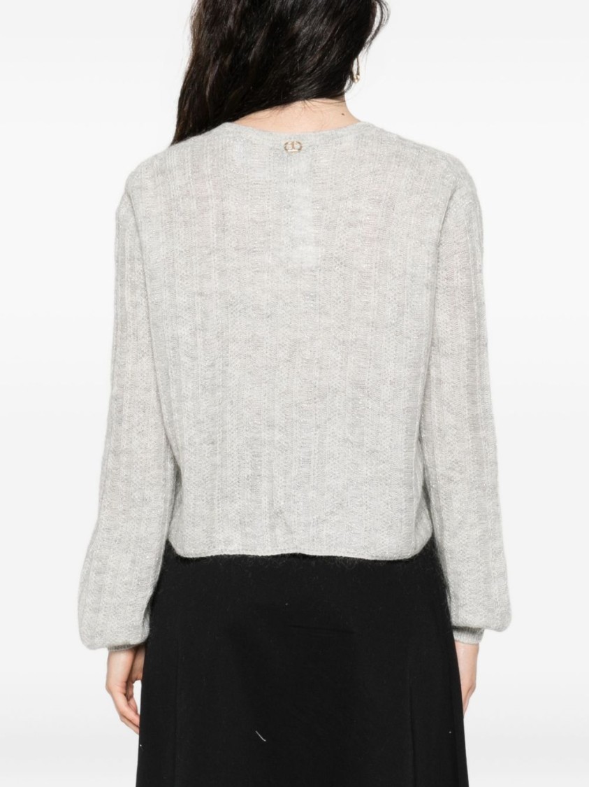 Twinset Twin-set Cropped V-neck Sweater With Balloon Sleeves And Textured Knit In Gray