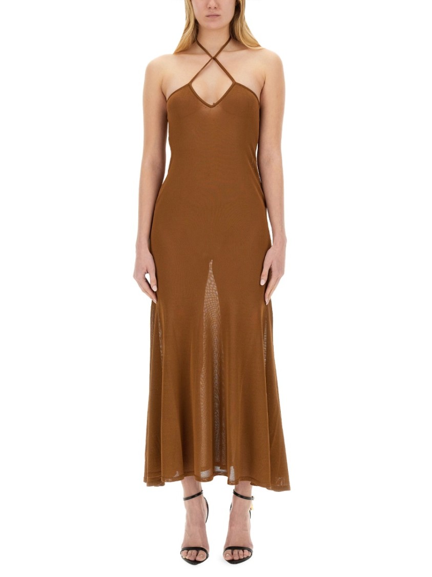 Tom Ford Slinky Viscose Jersey Knit Halterneck Maxi Dress In Brown