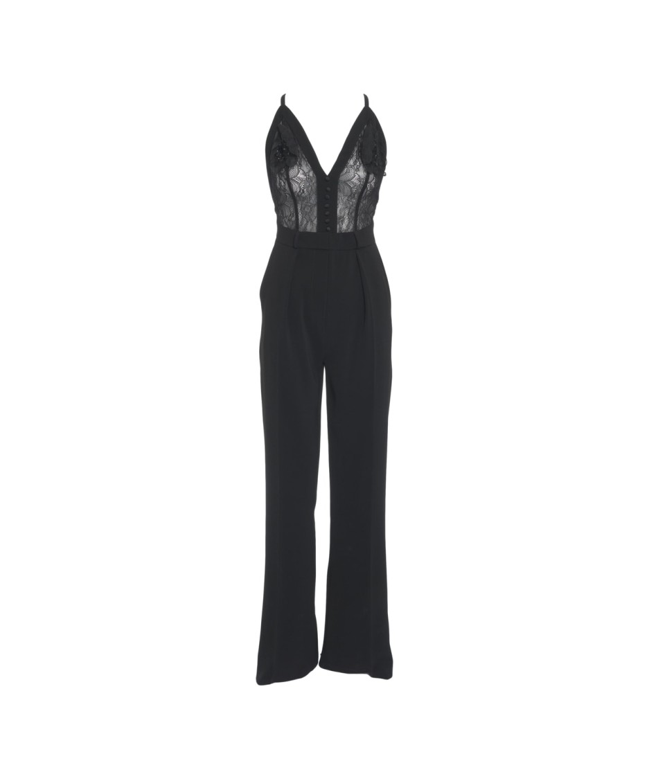 ELISABETTA FRANCHI ELISABETTA FRANCHI WIDE-LEG CRÊPE JUMPSUIT WITH LACE INSERTS AND PEARL EMBROIDERY