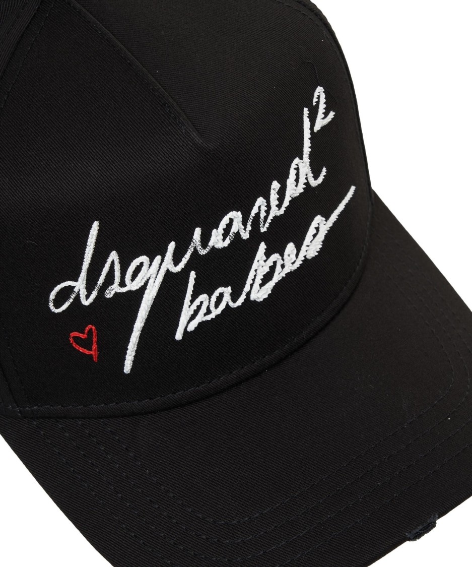 Dsquared2 Distressed Black Baseball Cap With Embroidered Logos In Black