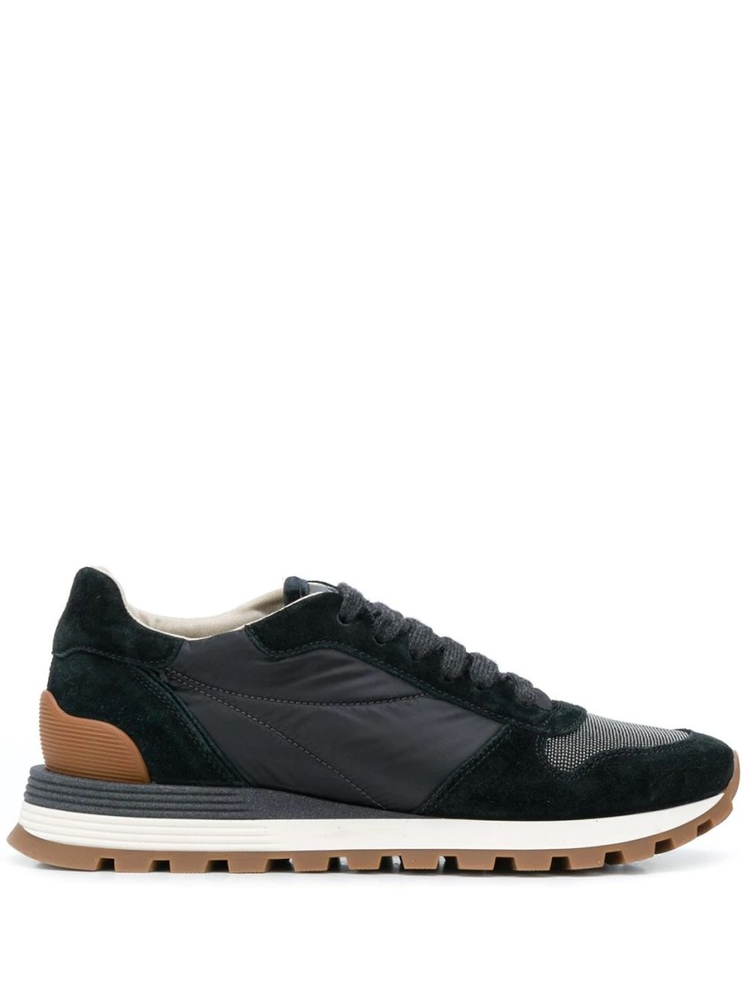 Brunello Cucinelli Suede And Leather Sneakers With Cushioned Sole In Black
