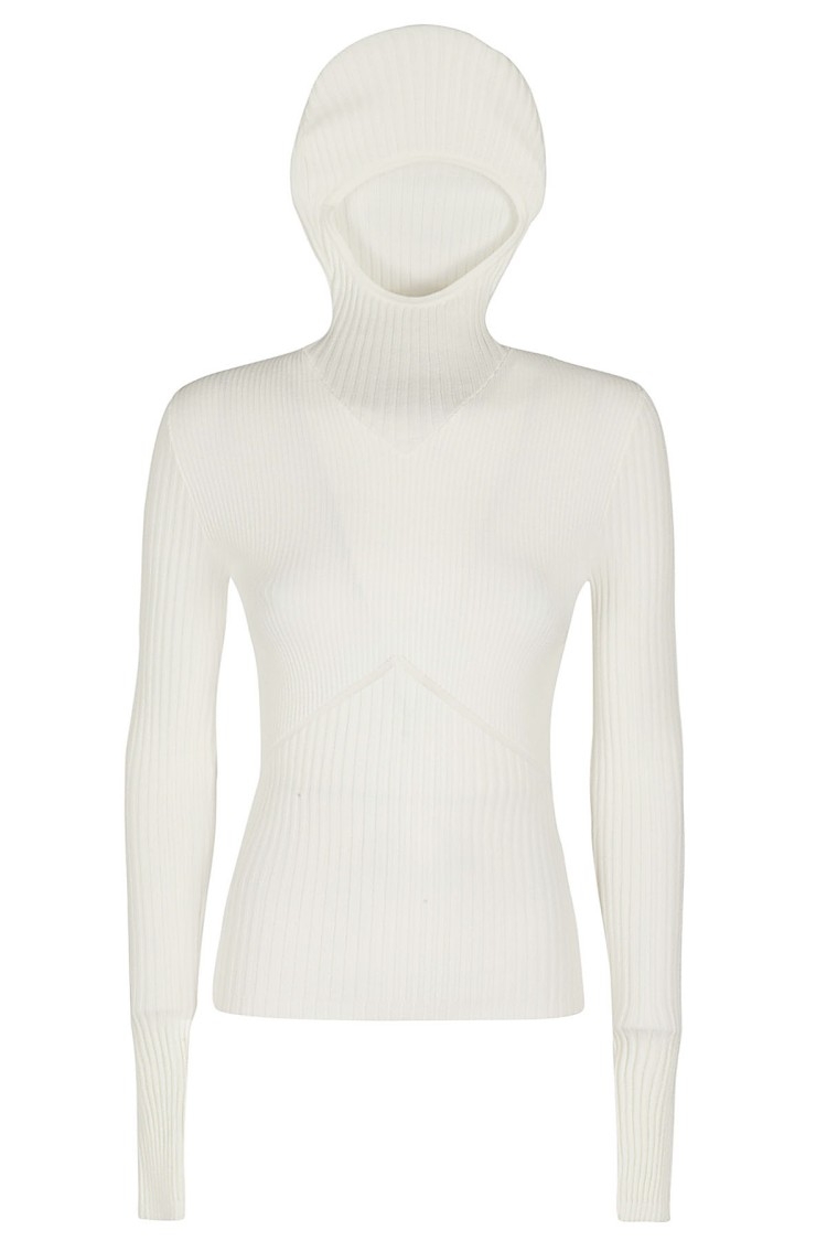 Andreädamo Andreâdamo Ivory Ribbed Knit Hoodie Top With High Neckline In Neutrals