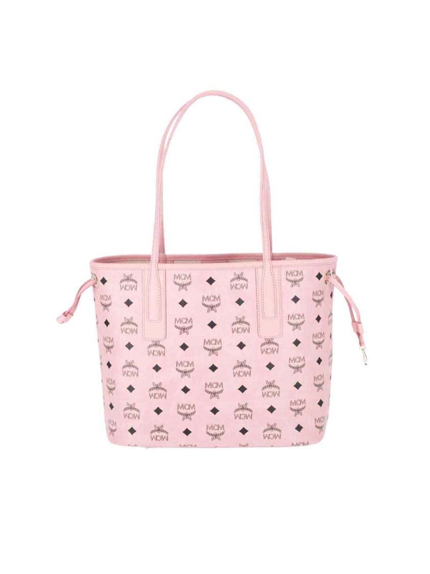 Mcm Small Pink Visetos Tote Bag With Logo Print In Pink