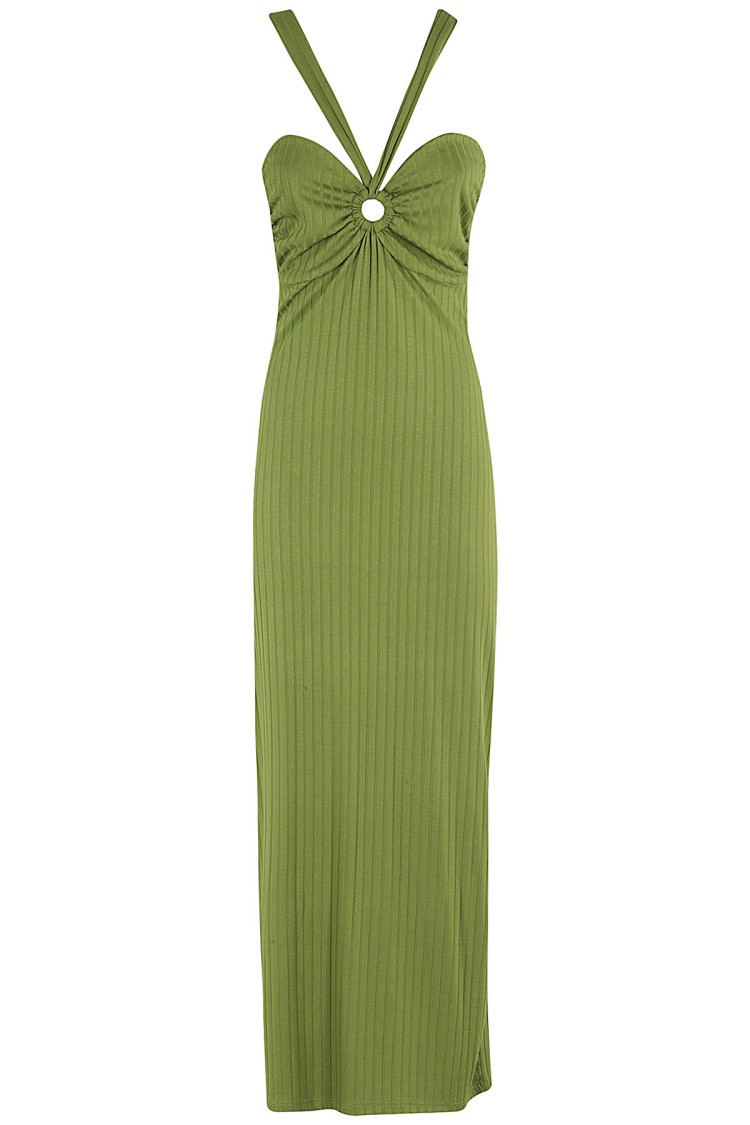 Shop La Semaine Paris Ribbed Jersey Midi Dress With Ruffle Accent And Horn Ring Detail In Green