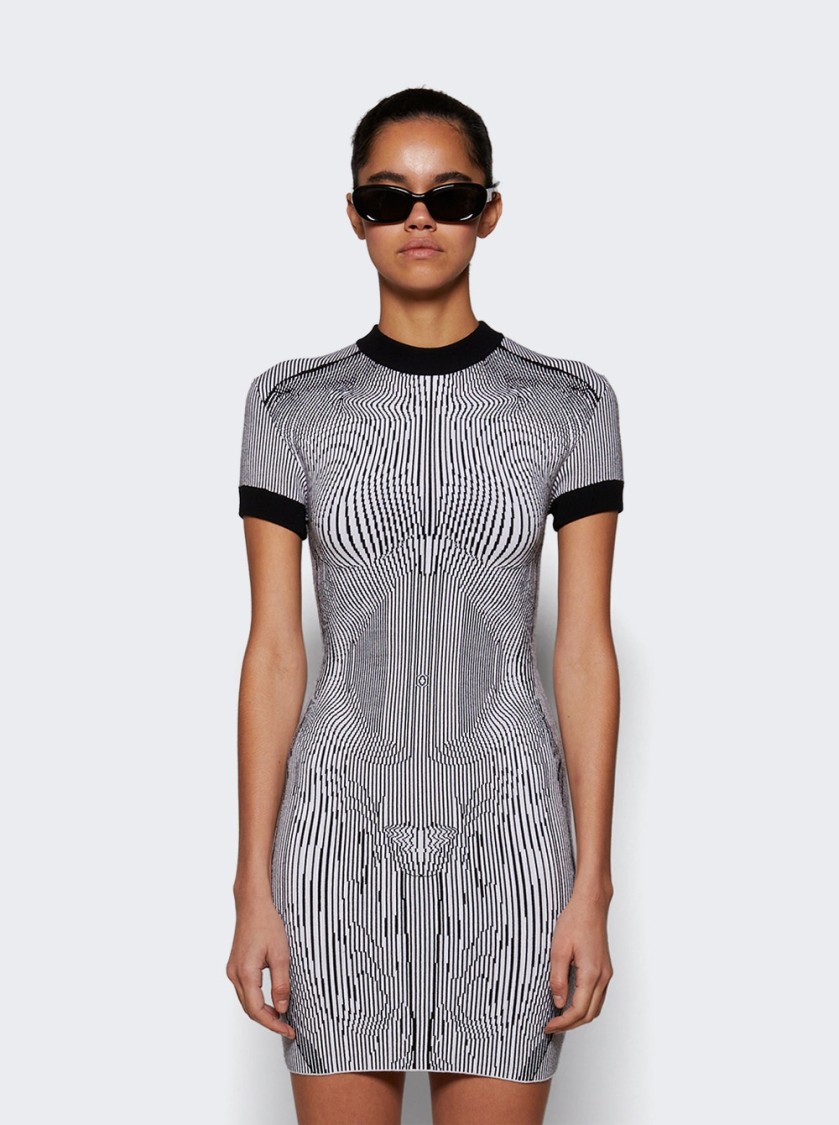 Jean Paul Gaultier Short Dress In Black And White Striped Jacquard Viscose In White