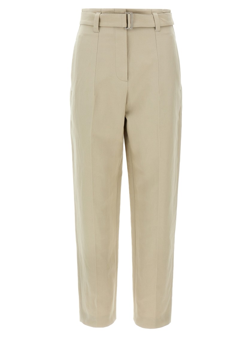 Brunello Cucinelli High-waisted Cotton-linen Trousers With Adjustable Belt In Neutral
