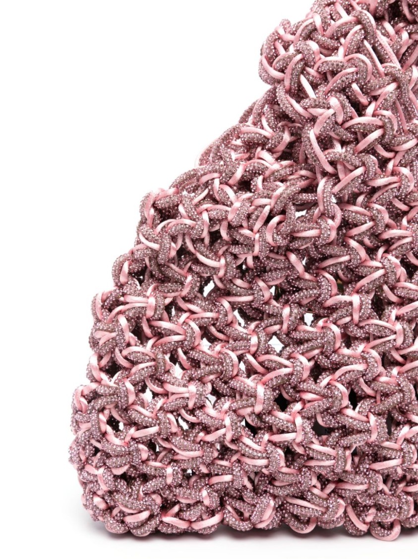 Shop Hibourama Woven Satin Handbag With Crystal Details And Knot Closure In Pink