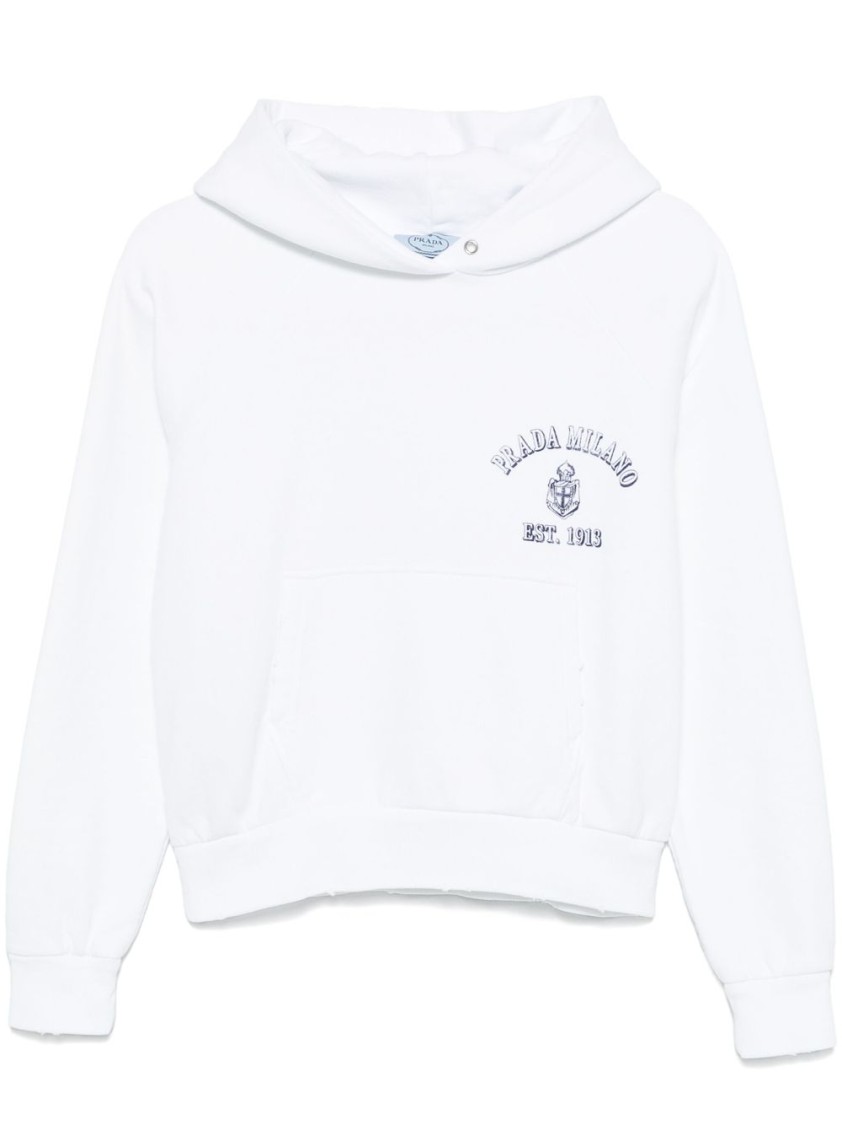 Prada Relaxed Fit White Hoodie With Embroidered Brand Detail In White