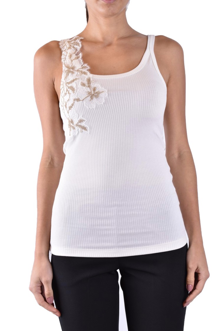 ERMANNO ERMANNO FITTED TOP WITH FLORAL EMBROIDERY AND RIBBED TEXTURE