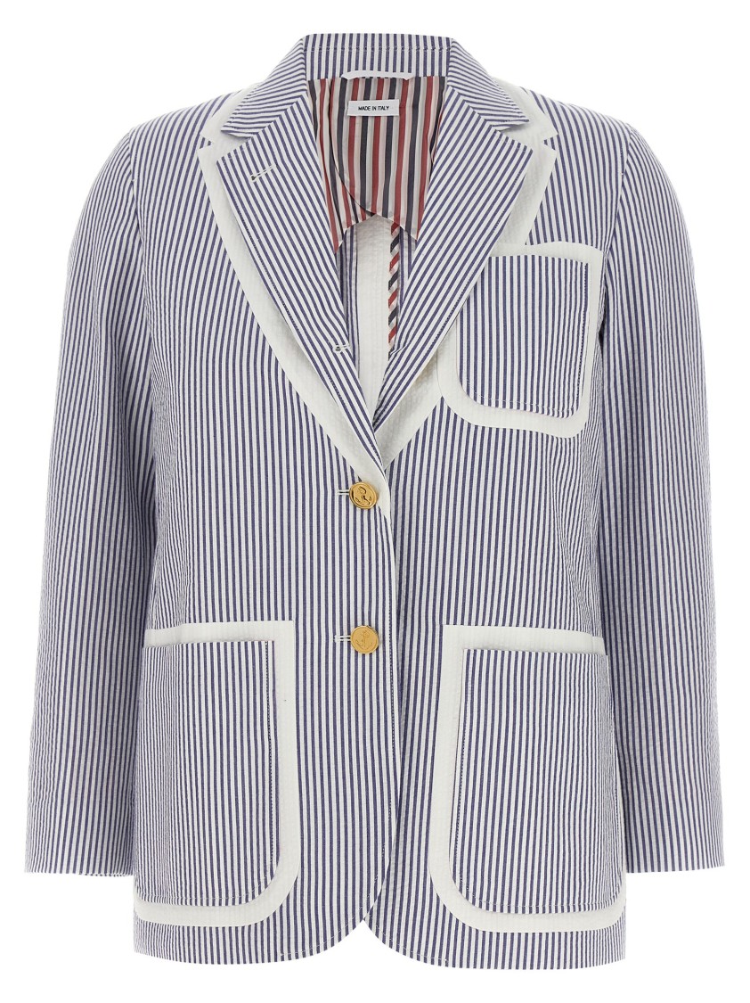 Thom Browne Striped Seersucker Blazer Featuring Patch Pockets In Blue
