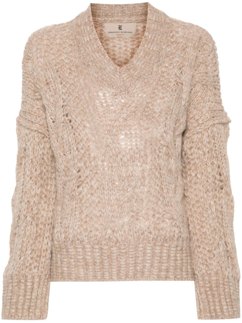 Ermanno Scervino Long-sleeve Sweater With Textured Knit In Brown