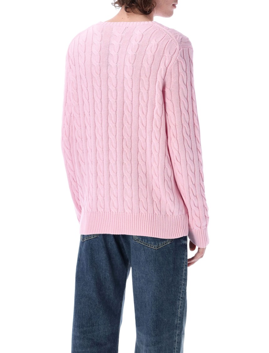 Shop Polo Ralph Lauren Caramel Pink Cable Knit Sweater With Ribbed Crew Neck