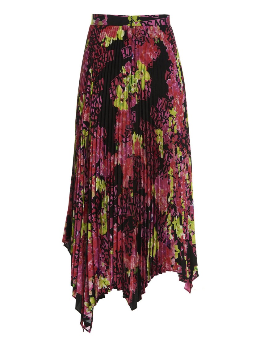 Versace Pleated Skirt With All-over Orchid Print In Burgundy